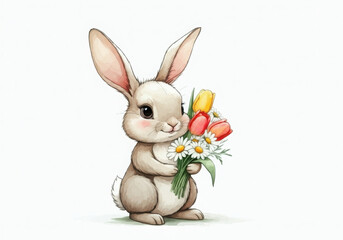 Obraz premium Cute illustration of a bunny holding a bouquet of colorful tulips and daisies on a white background