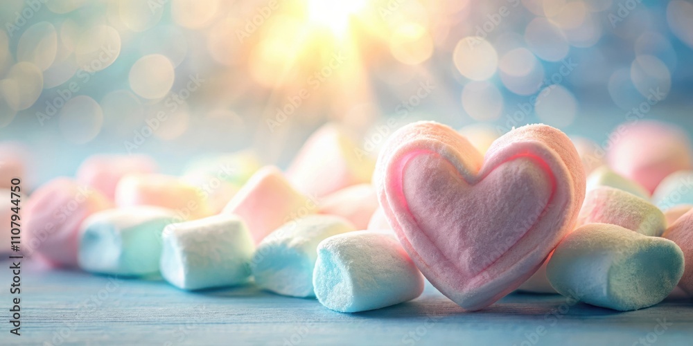 Aufkleber a heart-shaped marshmallow surrounded by other marshmallows on a blue surface with a soft focus back