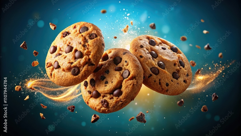 Aufkleber a burst of chocolate chip cookies in mid-air, surrounded by a flurry of golden sparks and bits of ch