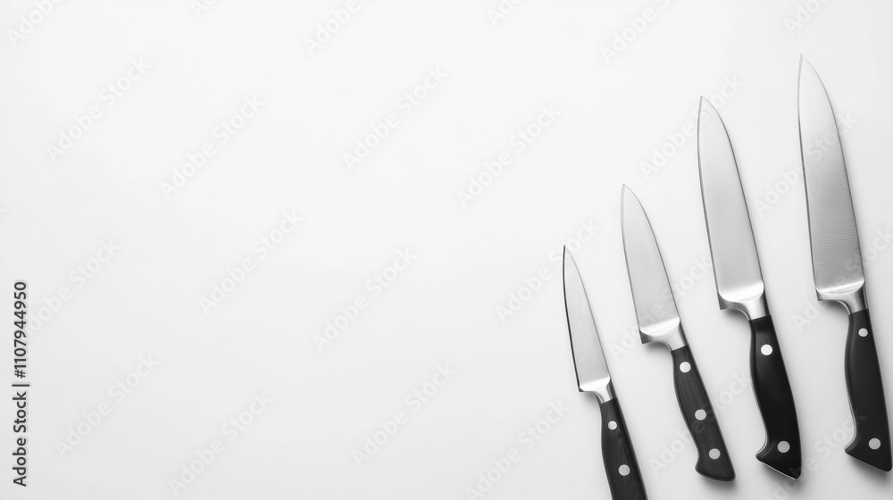 Poster A selection of sharp kitchen knives is neatly arranged on a clean white background, showcasing their functionality for food preparation. Generative AI