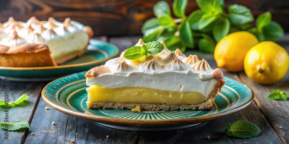 Aufkleber a slice of lemon meringue pie with a garnish of fresh mint on a green plate and rustic wooden table