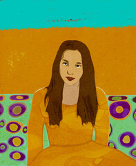 Ilustracja portret młoda kobieta rude włosy abstrakcyjne tło. © Monika