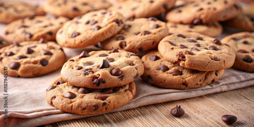 Poster A close-up view of chocolate chip cookies stacked on a linen napkin, with additional cookies scattered around, creating a delightful and tempting scene.