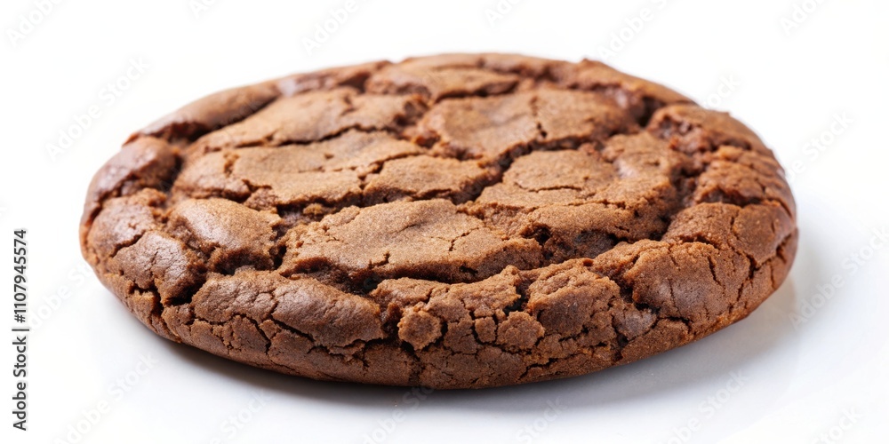 Poster A close-up of a single chocolate chip cookie with a deep brown hue and a rough, uneven texture, showcasing the delicate cracks and crevices that form during baking.