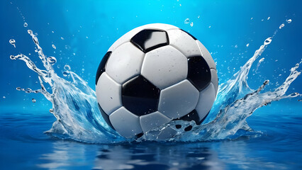 Naklejka premium A soccer ball surrounded by blue water ripples and dynamic splash effects, set against a fluid background that captures the vibrancy and excitement of the moment in striking detail
