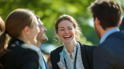 A group of people laughing and socializing outdoors, conveying joy and connection.