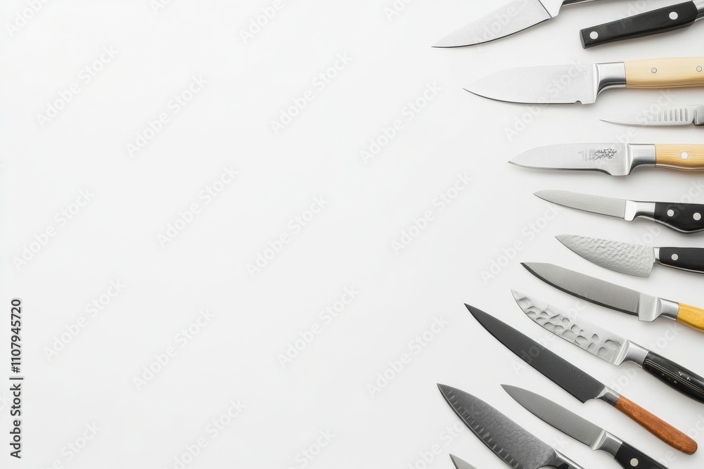 Aufkleber a collection of kitchen knives displayed on a clean white surface, showcasing different styles and d