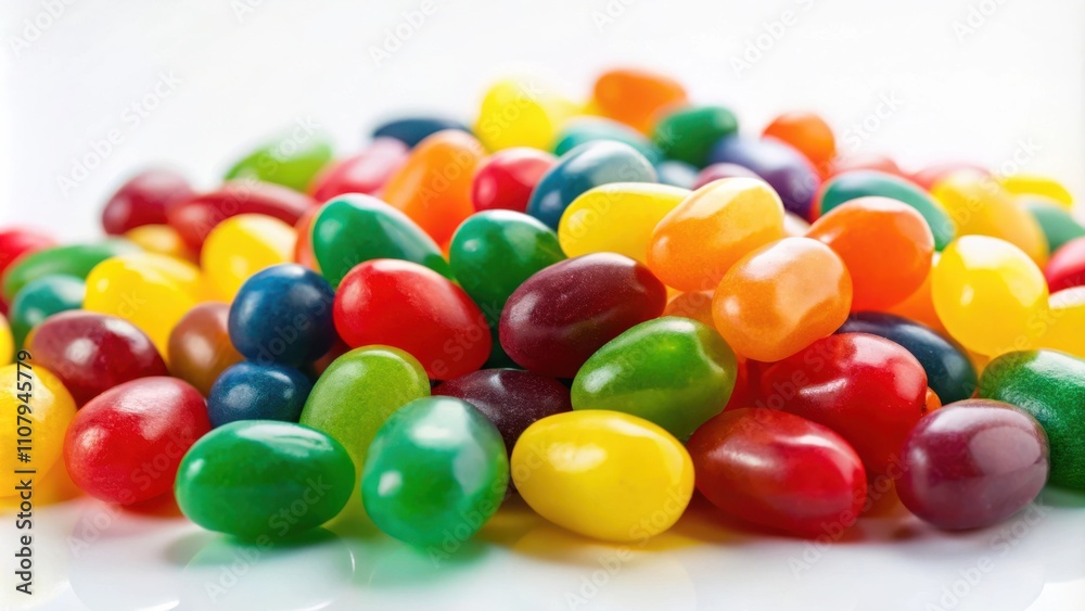 Poster a colorful assortment of jelly beans, showcasing a vibrant spectrum of colors, with each bean reflec