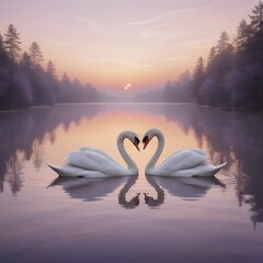 Fototapeta premium Romantic Swans Forming a Heart Shape at Sunrise Over a Serene Lake, Peaceful Misty Morning Landscape