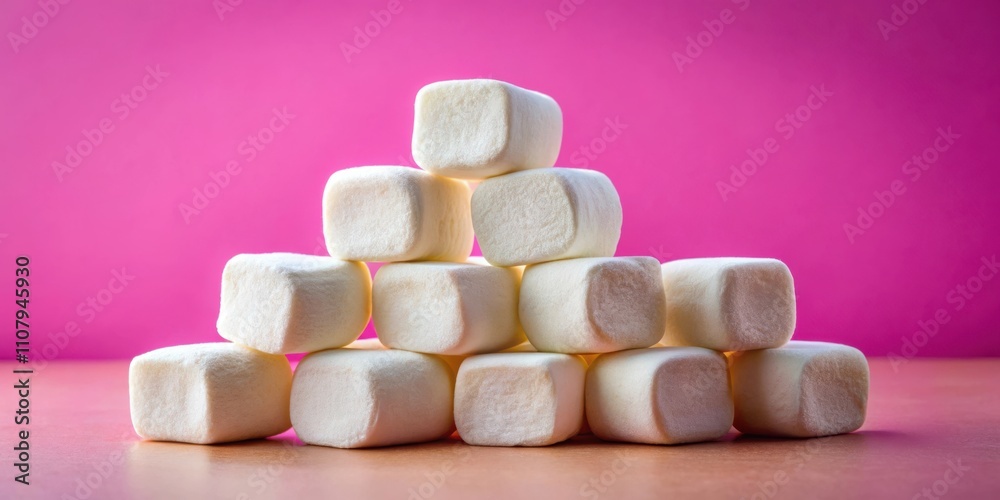 Poster a cluster of puffy marshmallows arranged in a pyramid shape against a vibrant pink backdrop