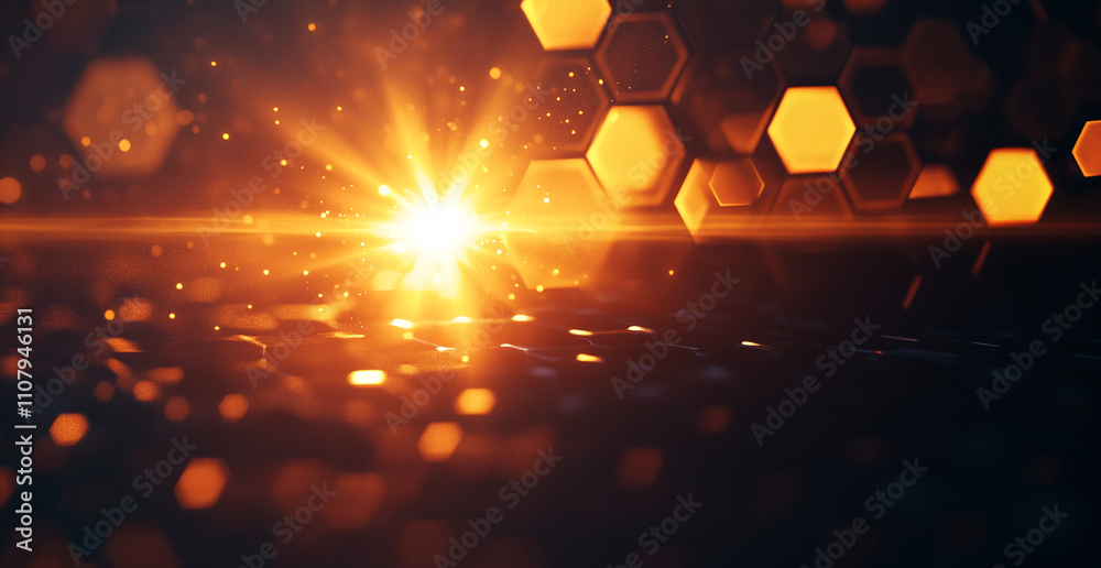 Poster Golden light rays piercing through a honeycomb pattern at dusk creating a warm, serene atmosphere