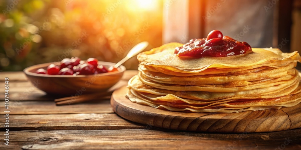 Poster a stack of golden brown crepes topped with sweet red jam and a single berry, sitting on a wooden pla