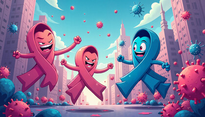 Cartoon ribbon characters battling evil cells in a vibrant cityscape, showcasing the fight against cancer