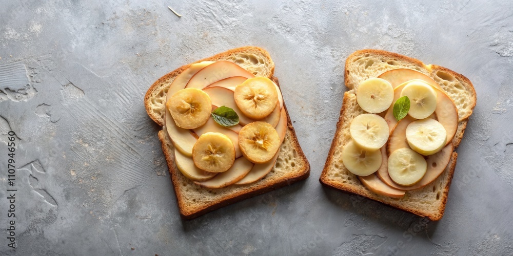 Poster a close-up view of two slices of toasted bread topped with sliced apples and bananas, decorated with