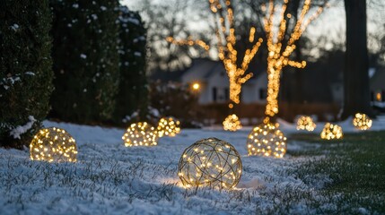Festive lawn ornaments lit up with twinkling lights, creating a merry holiday display on the front lawn