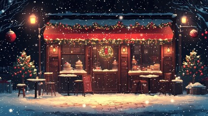 Colorful vector illustration, people are sitting outdoor, warm cafe, outdoor scene, street corner, Christmas, hot coffee, dessert, city night scene outside window, snowy scene,