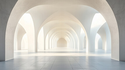 Naklejka premium Minimalist building in modern style with flowing arches, emphasis on light and shadows. Soft matte and glossy surfaces, warm palette. White on white concept