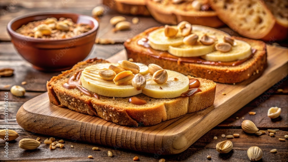 Poster two slices of toast topped with banana, caramel and toasted nuts on a wooden cutting board