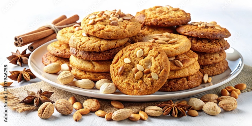 Poster a plate of golden brown cookies topped with roasted almonds and a sprinkle of cinnamon, surrounded b