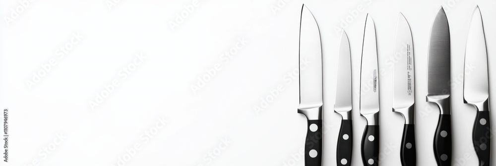 Poster various knives are neatly arranged on a white background, showcasing their sleek designs and sharp b