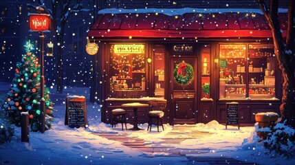 Colorful vector illustration, people are sitting outdoor, warm cafe, outdoor scene, street corner, Christmas, hot coffee, dessert, city night scene outside window, snowy scene,