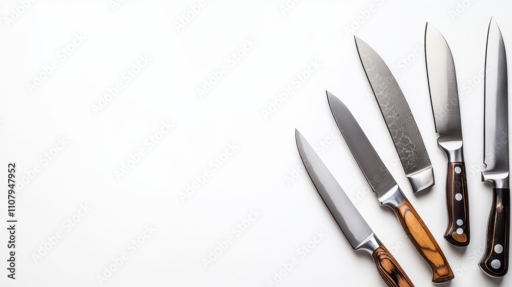 Poster A collection of well-crafted kitchen knives displayed neatly on a white surface, showcasing their unique designs and functions for cooking tasks. Generative AI