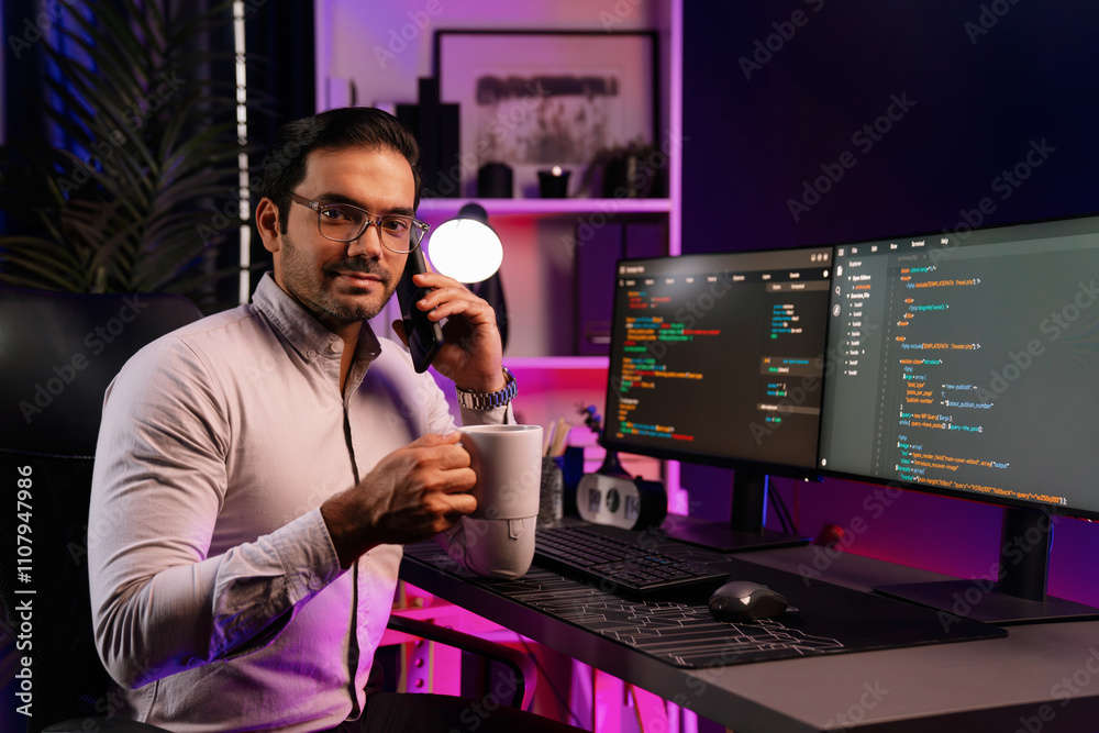 Poster profile smart it developer looking camera holding coffee cup against on software development coding 
