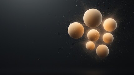 Group of nine white spheres floating in the air against a black background. the spheres are arranged in a scattered manner, with some overlapping each other.