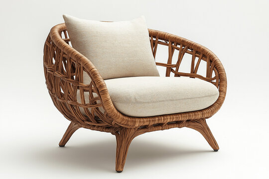 chaise en rotin tress&eacute; &agrave; la main avec un dossier incurv&eacute; et un coussin beige clair, design boh&egrave;me chic, d&eacute;coration, objet 3D r&eacute;aliste, HDR, photographie de studio, d&eacute;coration, tendance