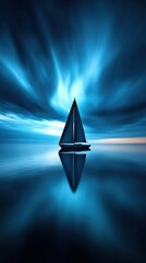 Fototapeta premium Sailboat gliding through a serene, blue-hued seascape under dramatic skies, AI