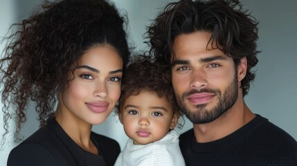 Fototapeta premium Portrait of a young family of three - a man, a woman, and a baby. the man is on the right side of the image, with the woman on the left side and the baby in the middle.