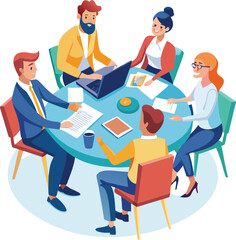 Partners meeting for business discussion with documents and laptop on desk. Couple at round table, speaking, discussing work, partnership. Flat vector on a white background