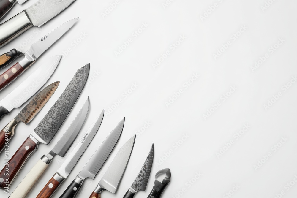 Poster an assortment of kitchen knives is arranged neatly on a white surface, showcasing their designs and 