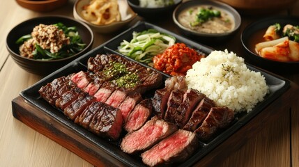 Obraz premium Juicy Steak Platter for Two with Flavorful Sides
