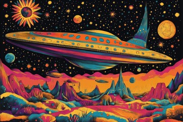 Vibrant Cosmic Landscape with Spaceship