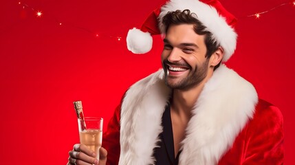 Handsome man in red Santa hat and red suit with luxurious white fur, inspired by Santa, embracing the warm festive atmosphere, bright holiday cheer.