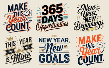 Obraz premium Set of Happy New Year Typography T-Shirt Designs - Vector Collection