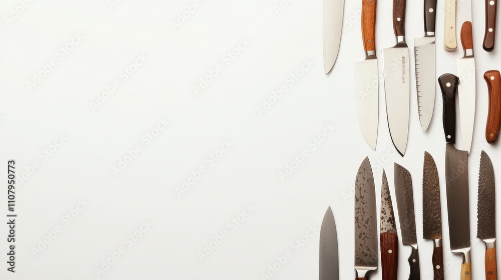 Poster a collection of kitchen knives of varying sizes and designs is organized on a bright white surface, 