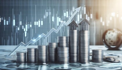 Financial chart shows significant increase in stock market earnings driven by higher interest rates and steady growth of financial investments. Finance, Growth, Increase, Interest, Money, Profit, Stoc