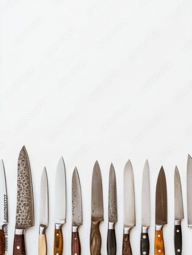 Poster a collection of kitchen knives neatly arranged on a white surface, highlighting their diverse design