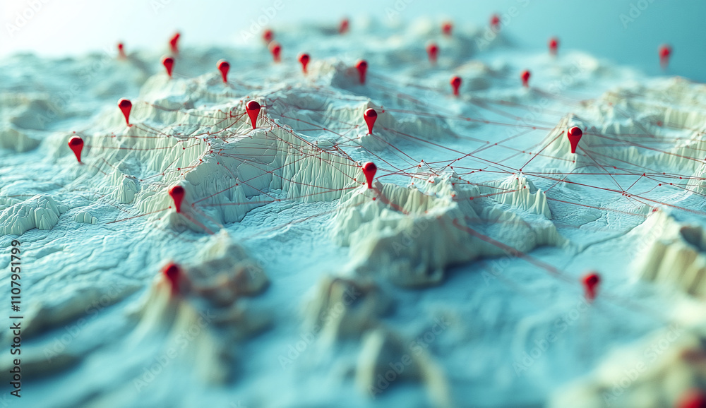 Poster Visualization of connectivity across mountainous terrain with markers in a three-dimensional layout