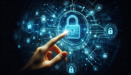 Security and safety lock system, double exposure of online security virtual interface. Concept of data protection and blockchain, blurred background.