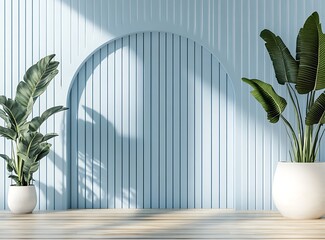 A modern and minimalist interior design scene with a light blue arched wall, wooden floor, plants, and white striped wallpaper behind the arch, designed as a mockup