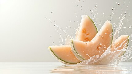 Fototapeta premium Slice of cantaloupe falling into the water. the slice is in the center of the image, with the water splashing around it.
