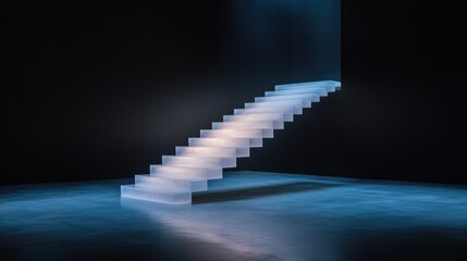 Obraz premium Set of stairs in a dark room with a blue light shining on them. the stairs are made of white plastic and are arranged in a straight line, with the top step slightly higher than the bottom step.