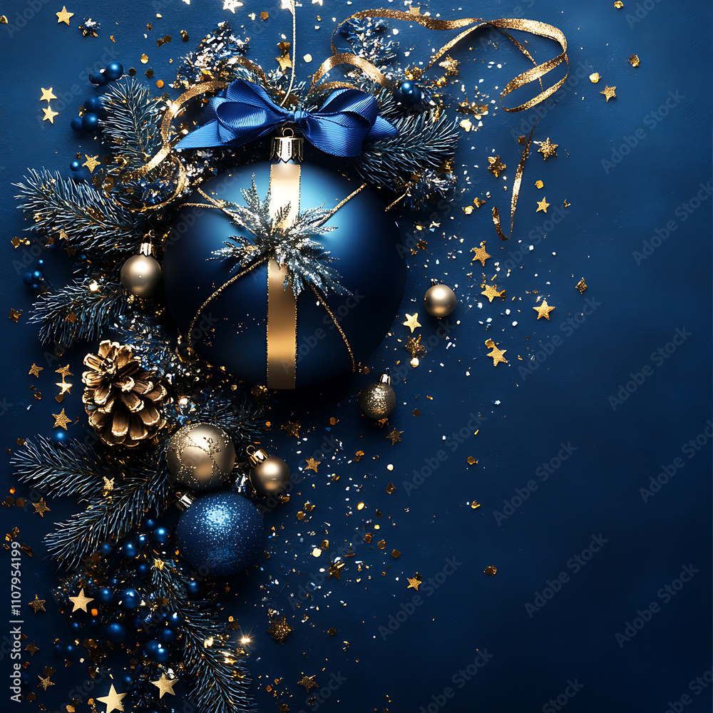 Wall mural Elegant blue and gold holiday decoration featuring ornaments, pinecones, and festive elements on dark background, creating sophisticated Christmas atmosphere