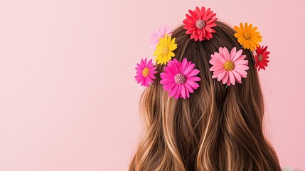 Naklejka premium Back view of woman with long hair adorned with colorful flowers, creating a vibrant, bohemian look against a soft pink background.