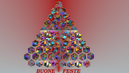 Sfondo sfumato rosso con albero di natale formato da esagoni con forme astratte colorate e con la scritta buone feste
