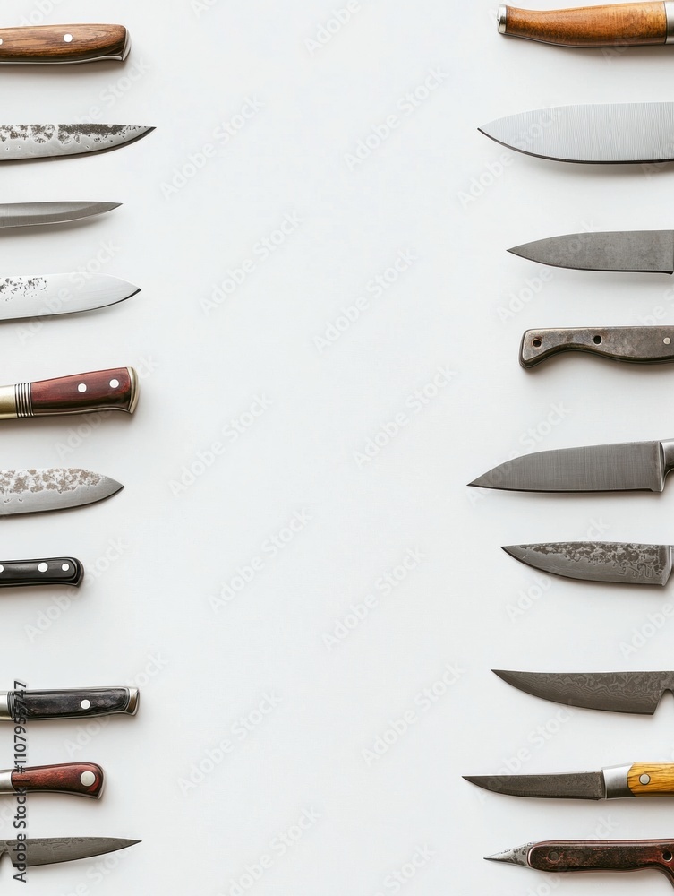 Poster Different types of kitchen knives are displayed on a clean white surface, showcasing their design and functionality for various cooking tasks. Generative AI