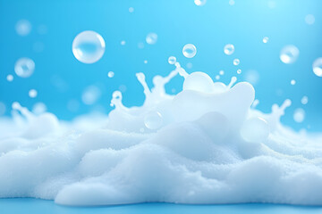 A close-up image of white soap bubbles forming a luscious foam against a vivid blue background